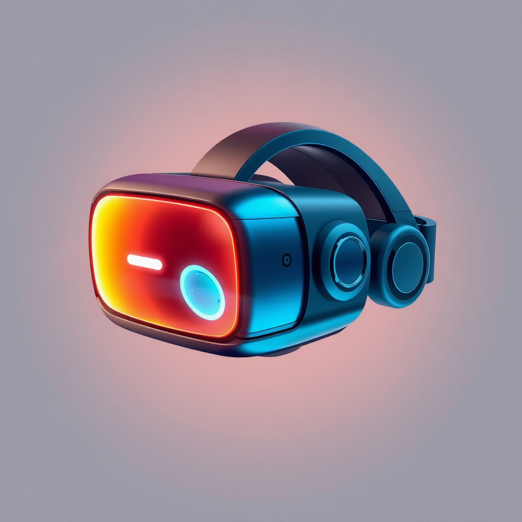 A futuristic virtual reality headset with glowing lenses.