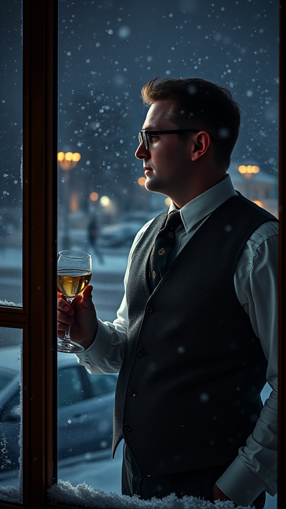 A gentleman with wine stares out snowy window.