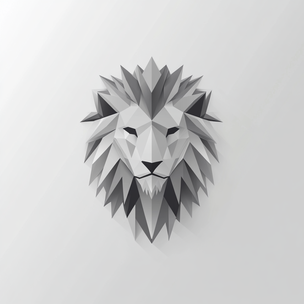 A geometric lion head logo on grey background.