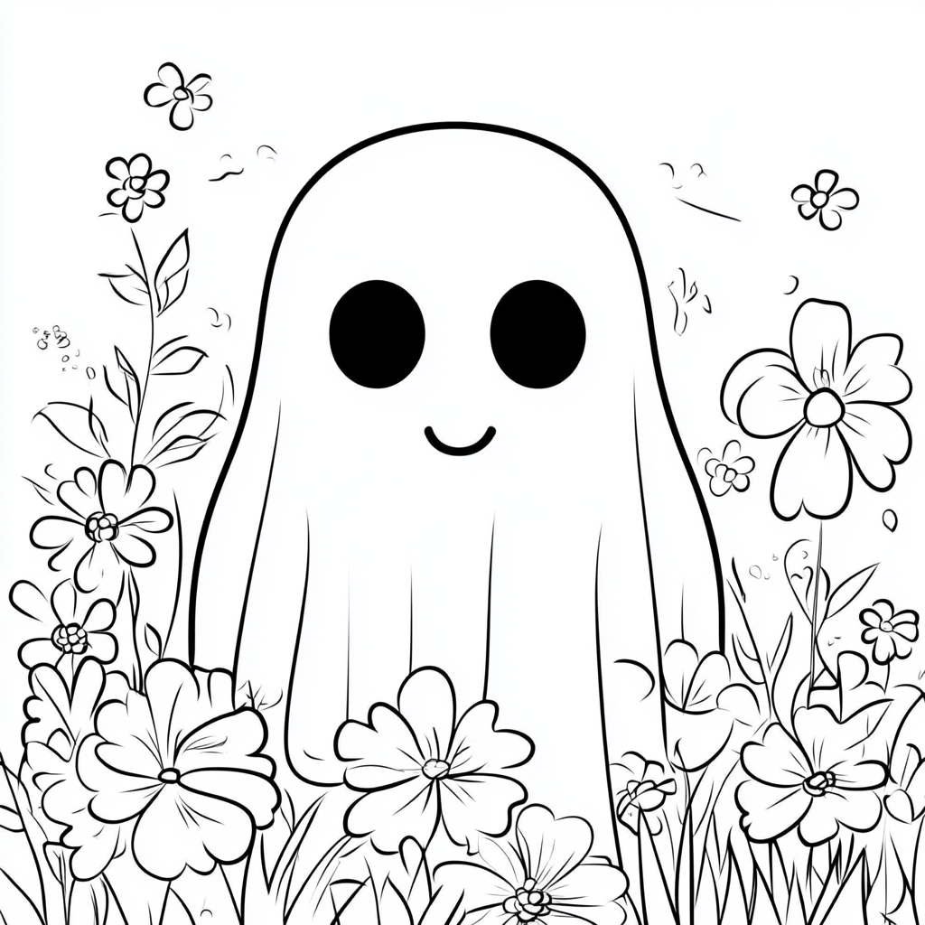 A ghost surrounded by flowers coloring page.