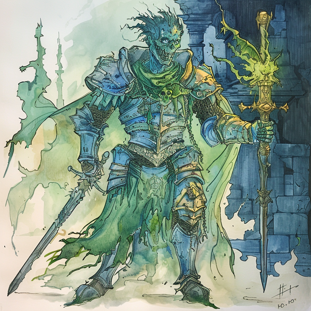 A ghostly knight in green-blue armor.