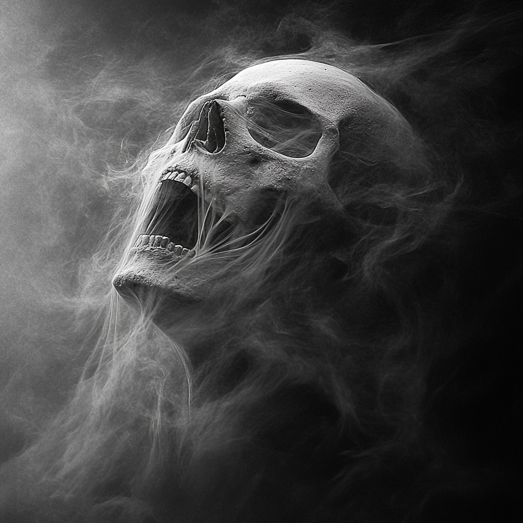 A ghostly skull dissolving into misty air