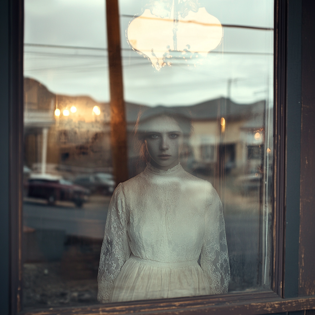 A ghostly woman in old barber shop window