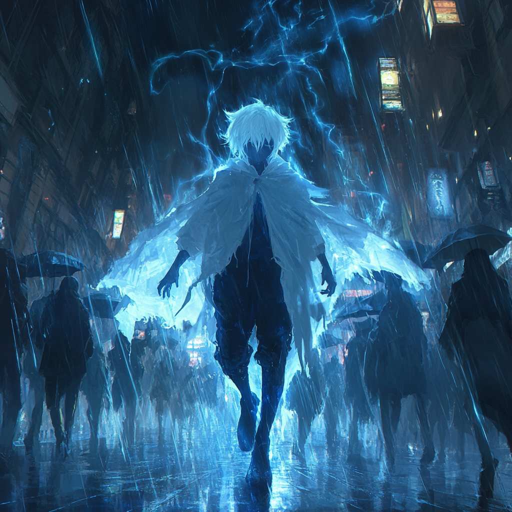 A ghostly young man hovers above a crowd