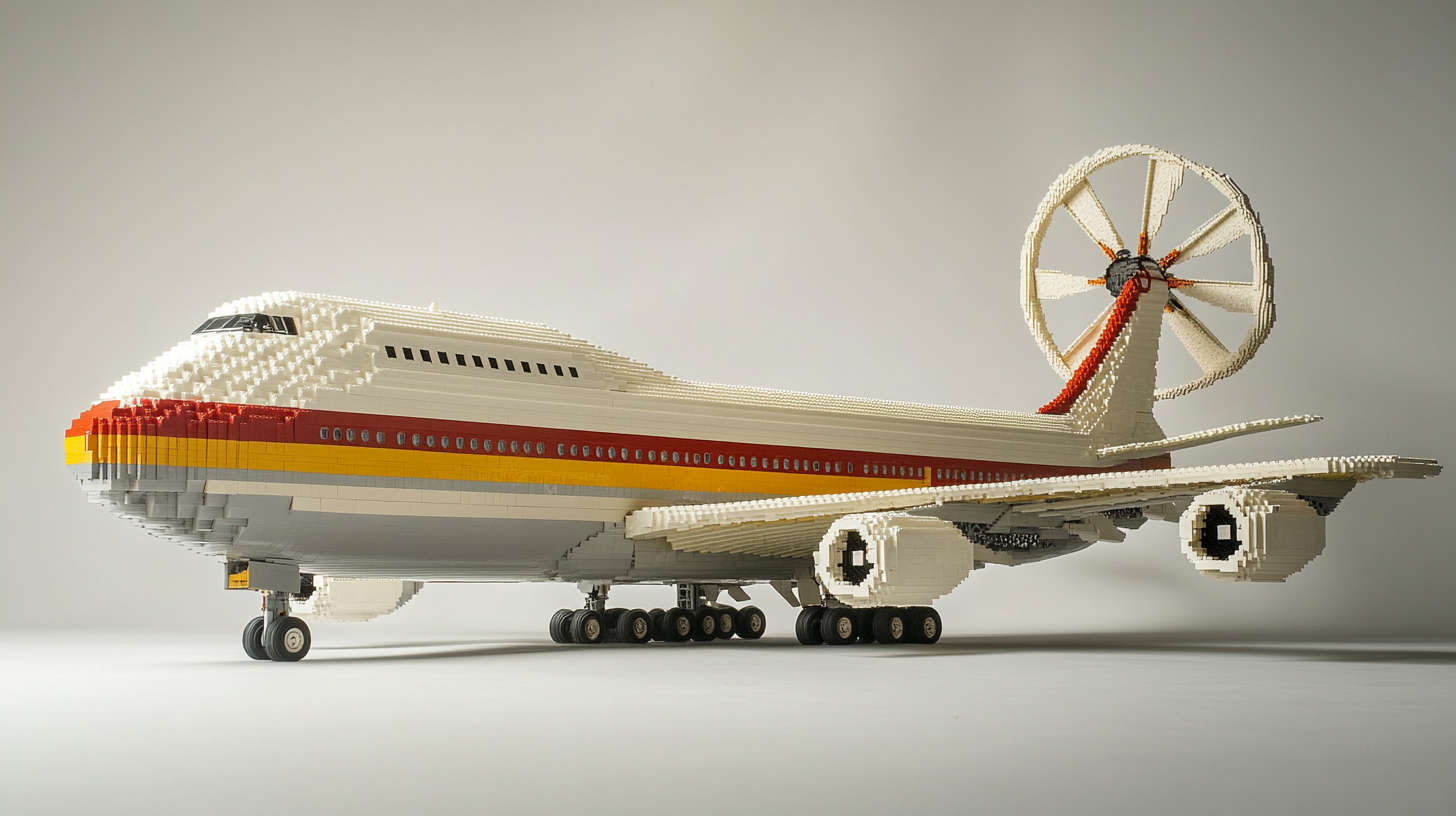 A giant Lego Boeing 747 in white studio