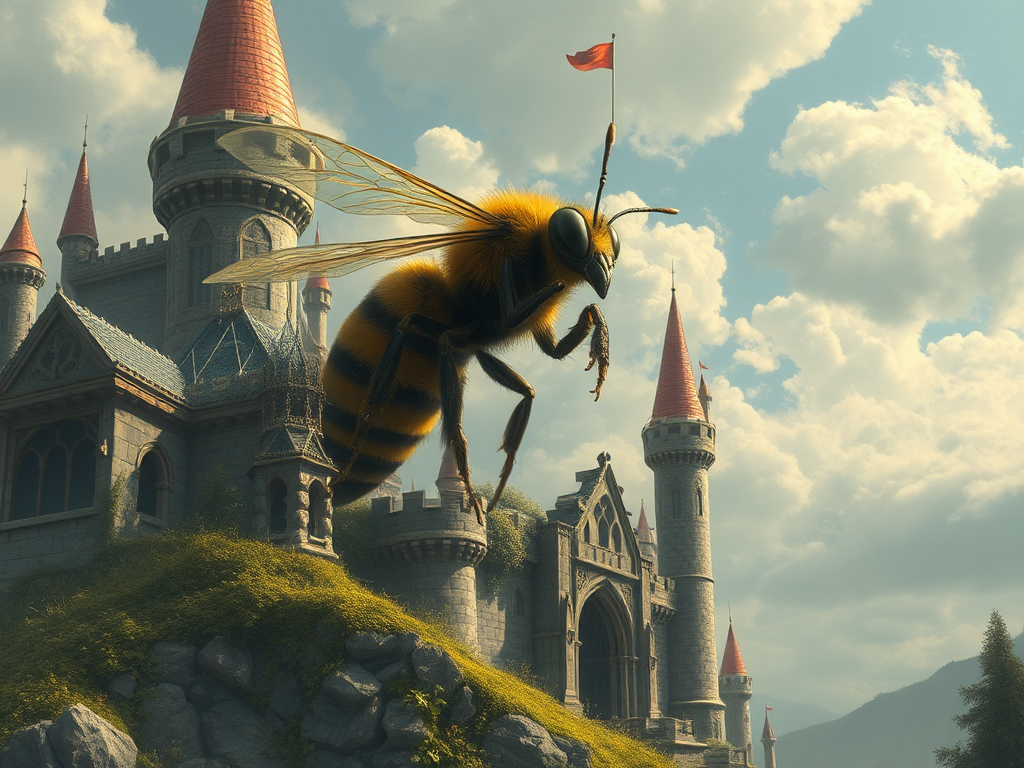 A giant bee destroying castle, 8k realistic image.