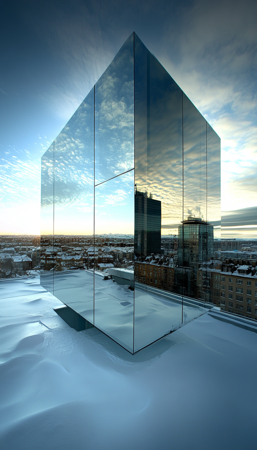 A giant glass box on building roof, Arctic view.