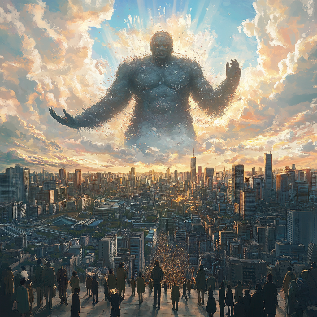 A giant god greets humans in anime city