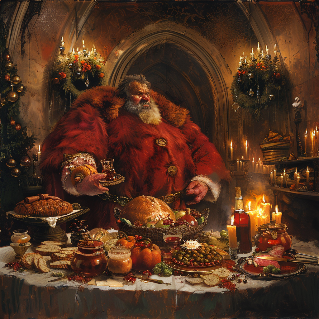 A giant man in red robes with abundant food.