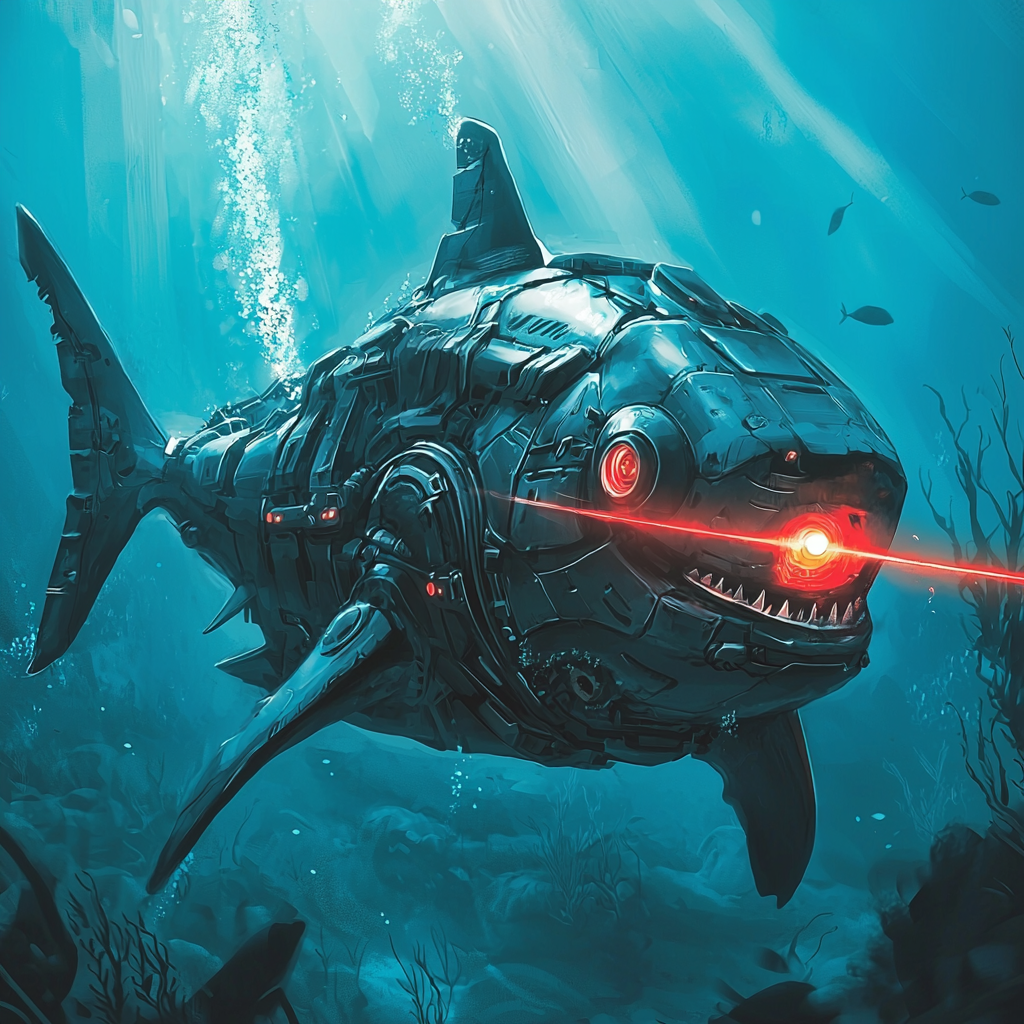 A giant robot shark underwater, shooting laser beams