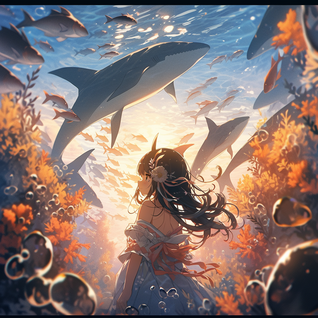 A giant shark swims with a girl at sunset.