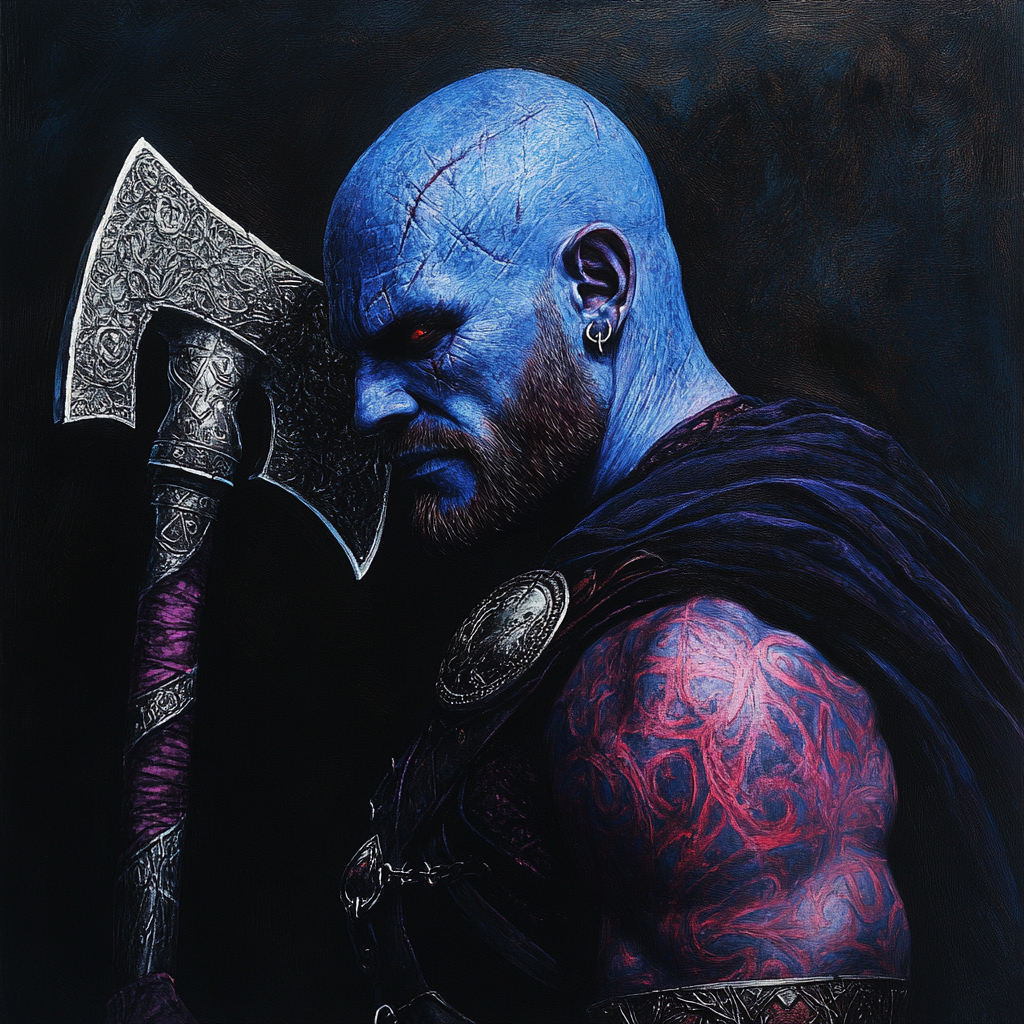 A giant warrior in blue with red tattoos