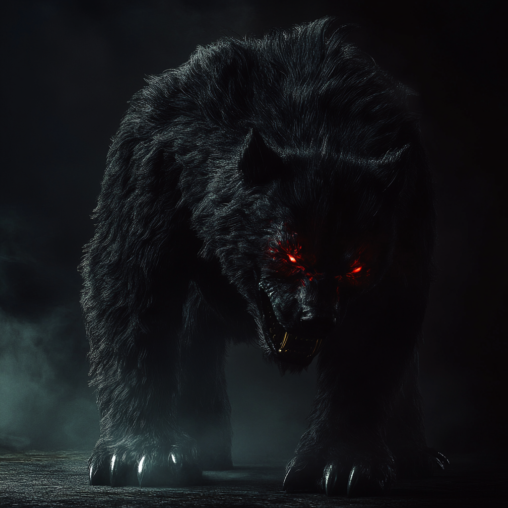 A giant with black fur and red eyes.