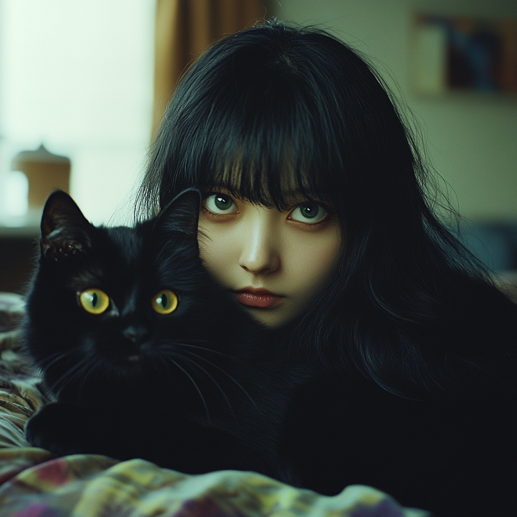 A girl and cat in '90s anime room.