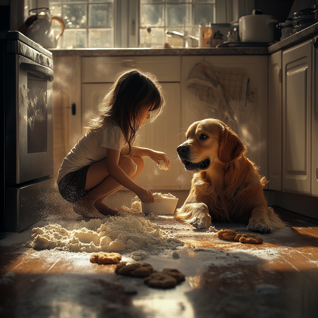 A girl and dog baking cookies in flour.