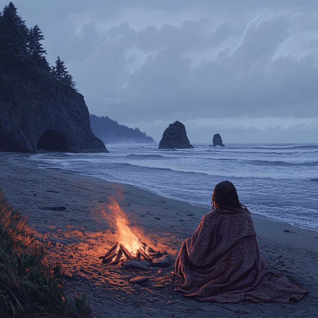 A girl by dusk campfire on Pacific Northwest beach