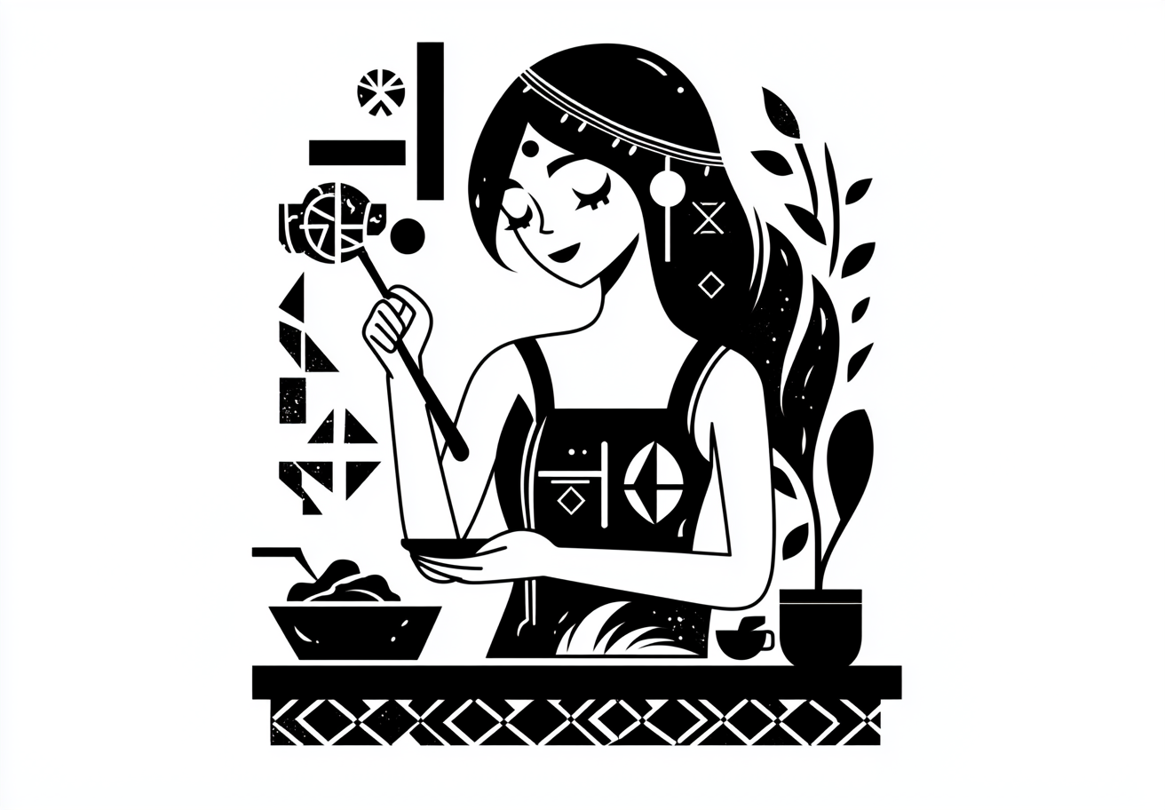 A girl cooking ragù in Tim Burton-inspired mosaic.