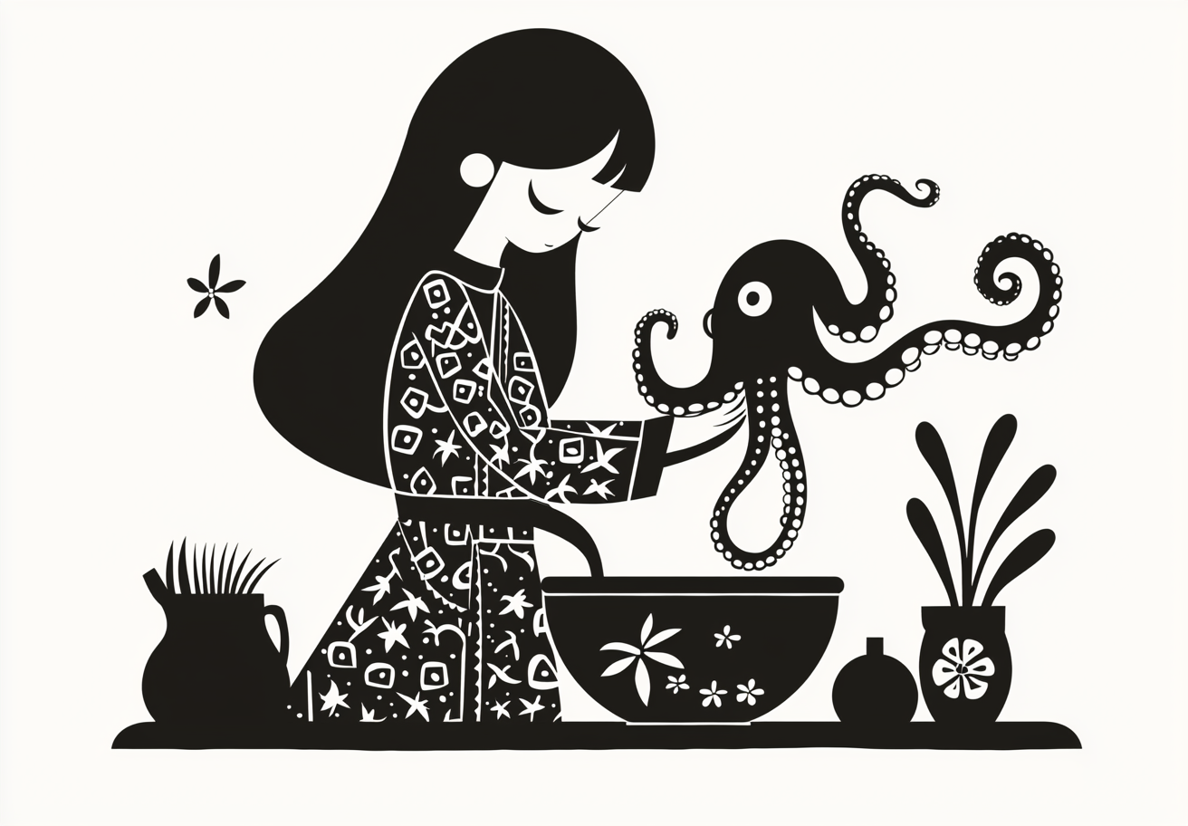 A girl cooks octopus with onions in pan