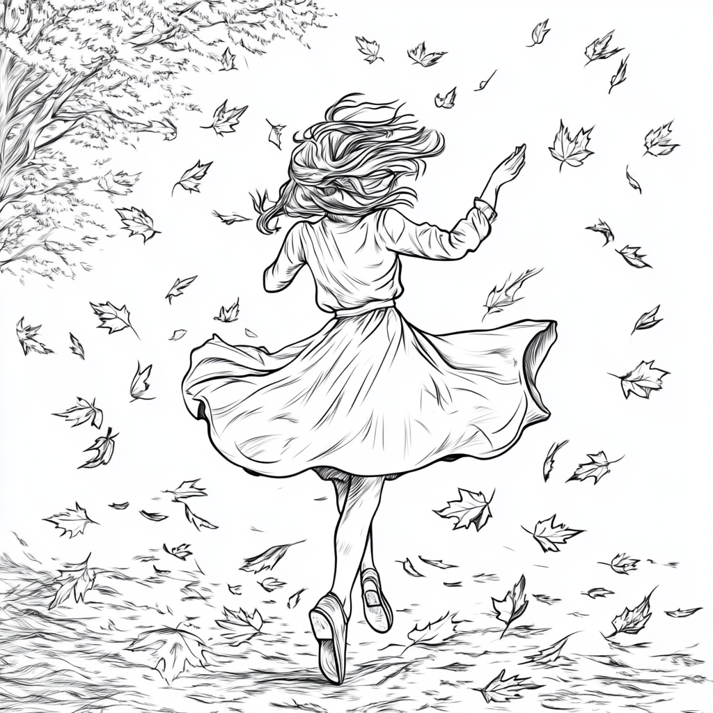 A girl dancing in autumn park coloring page