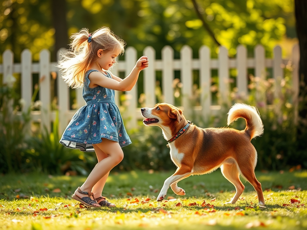 A girl dancing with a dog happily.