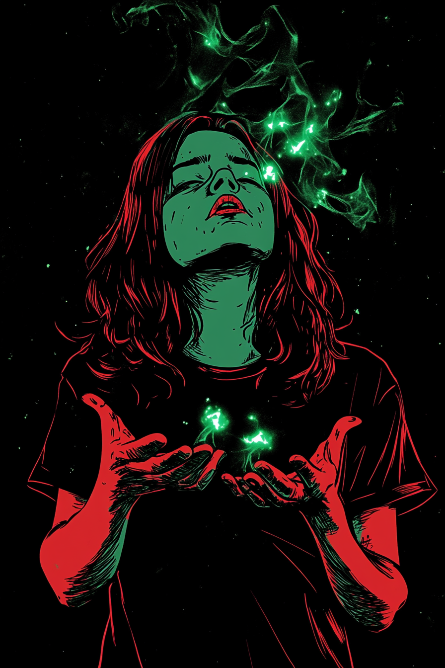 A girl exorcised on a surreal t-shirt graphic