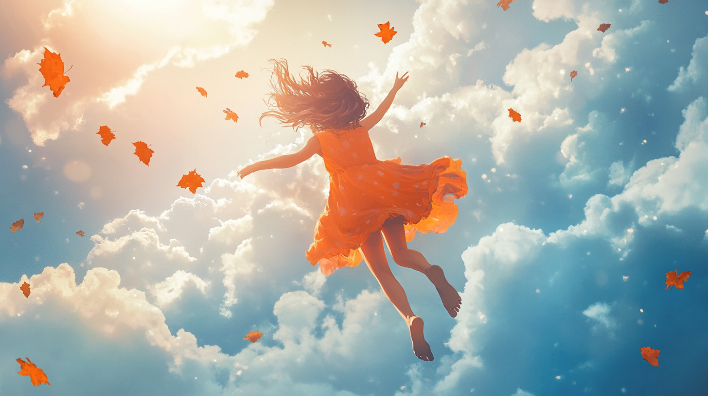 A girl flying in clouds, wearing a dress. Sky sunny.