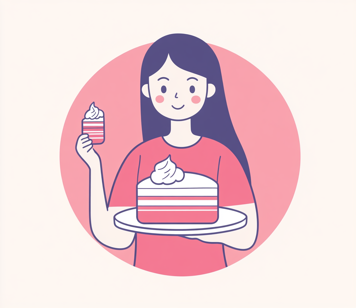 A girl holding cake on plate in red & pink.