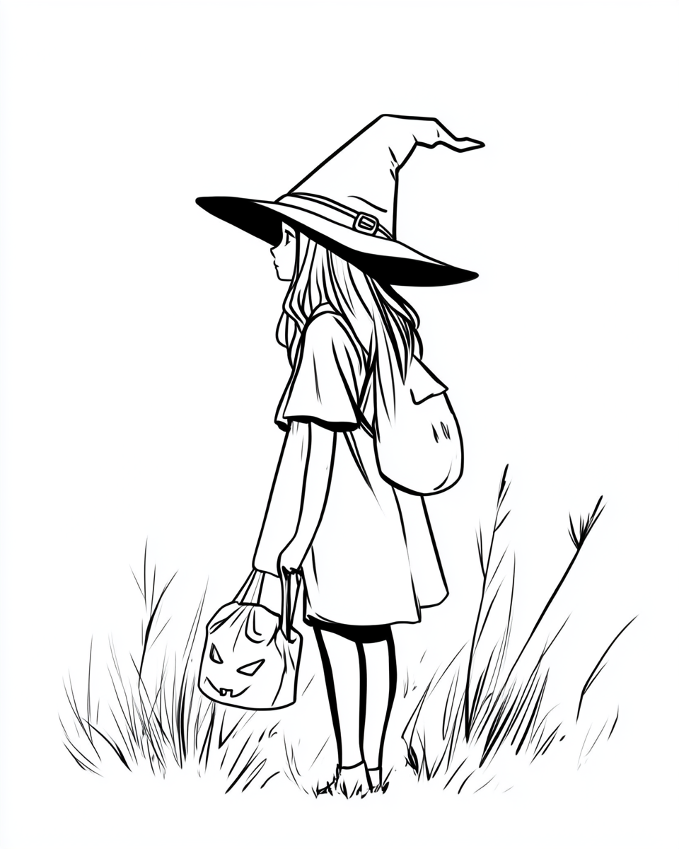 A girl in a witch hat trick-or-treating.