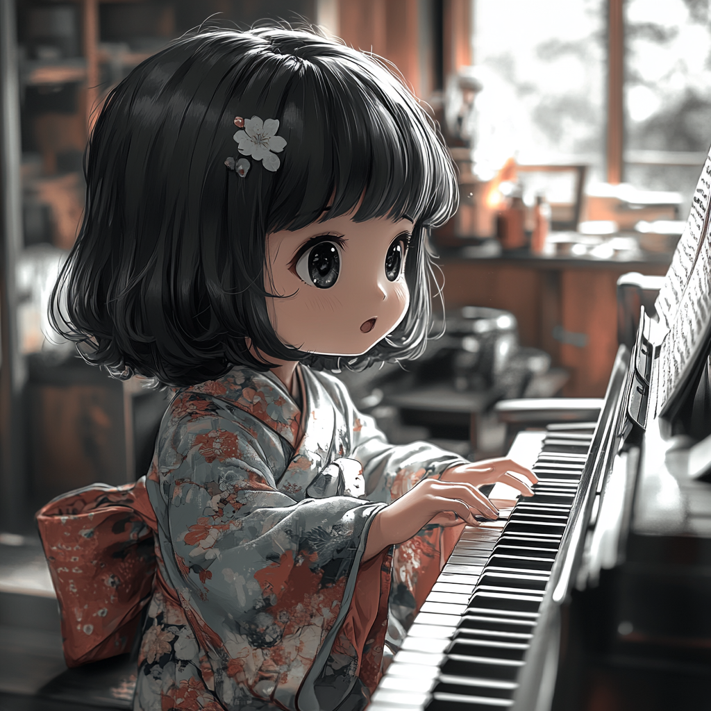 A girl in kimono playing piano in black&white