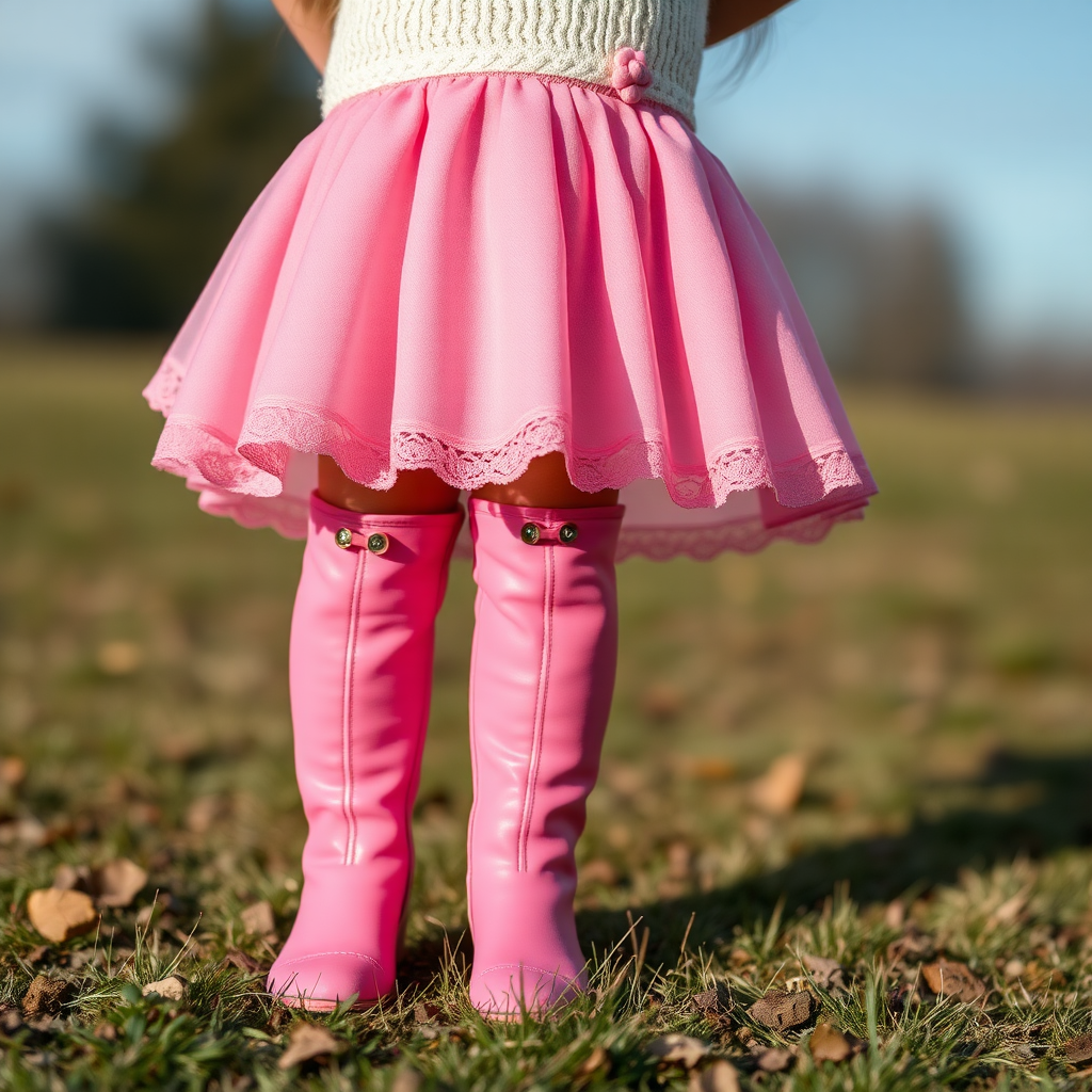 A girl in pink boots standing peacefully