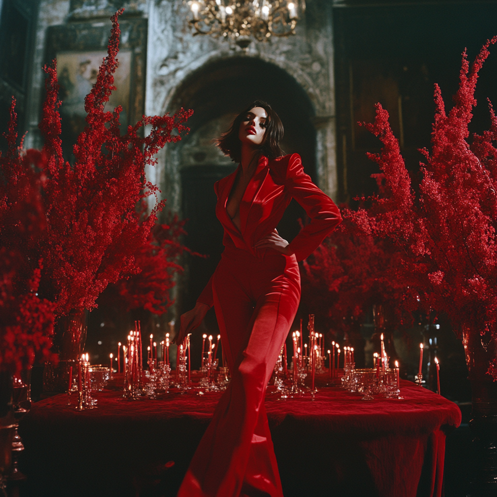 A girl in red suit performing in hall