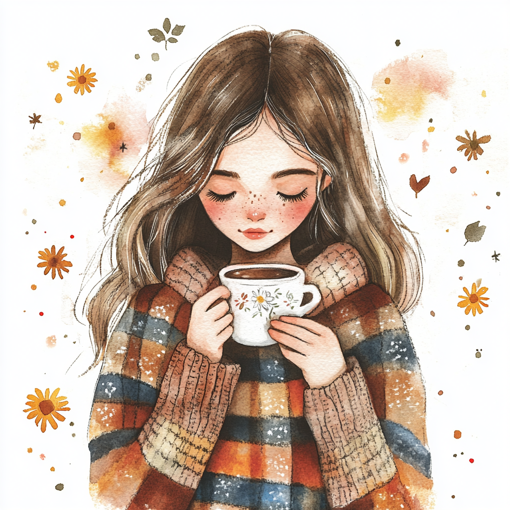 A girl in sweater with coffee in fall setting.