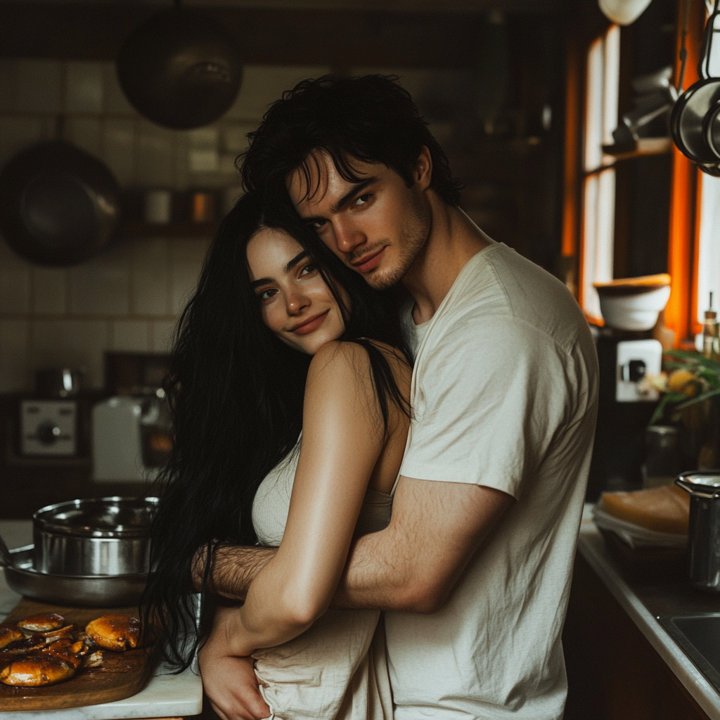 A girl in t-shirt hugs a boy, smiling