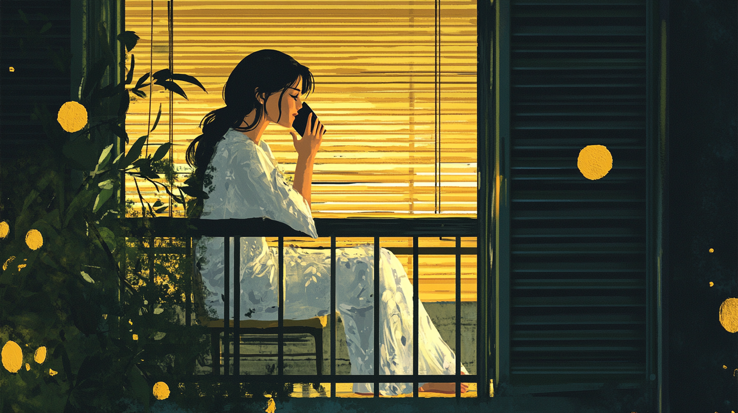 A girl in white nightwear talks on phone.