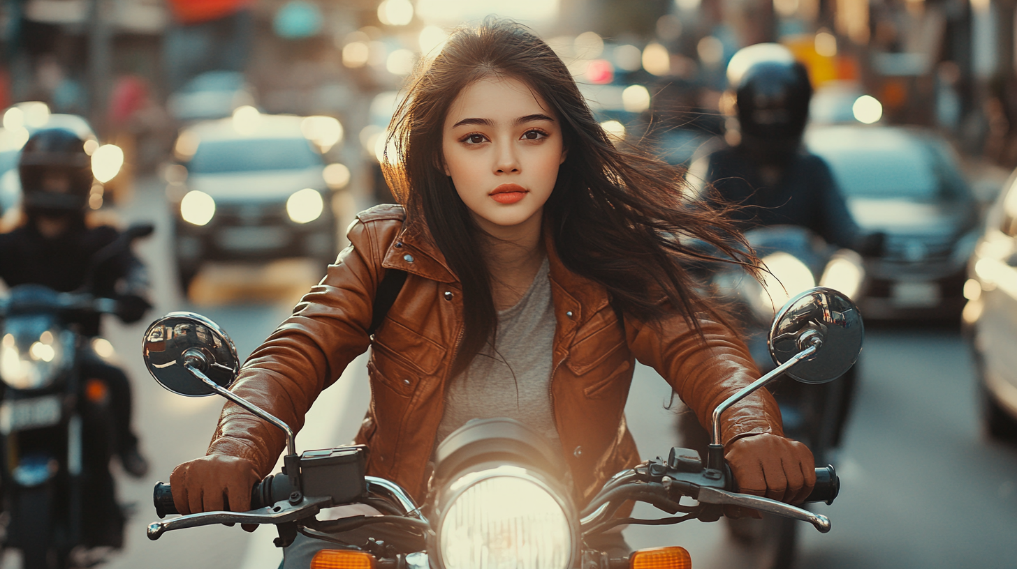 A girl on a motorcycle weaving through traffic