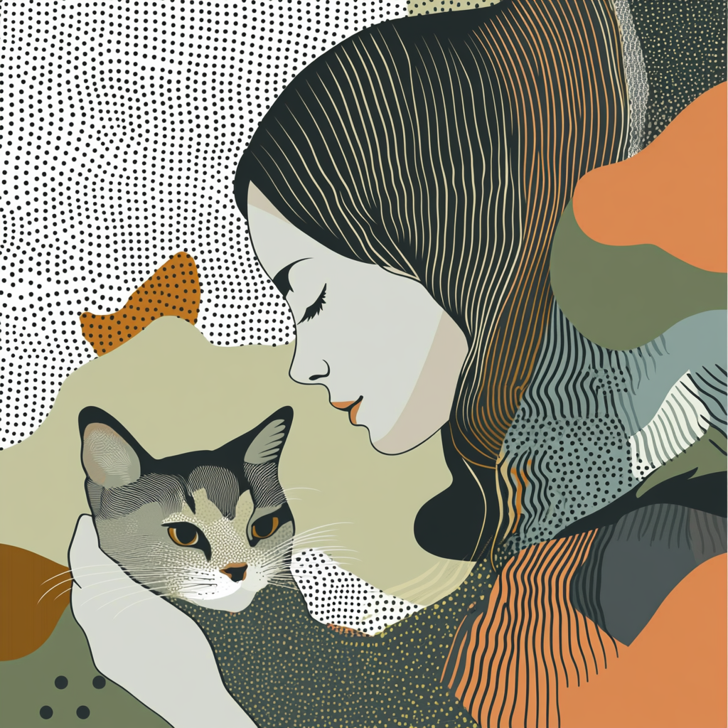 A girl playing with cat in detailed illustration