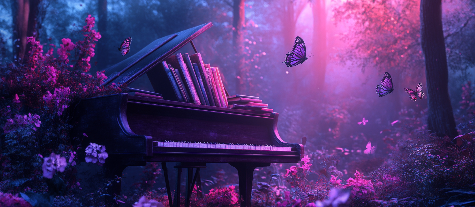 A girl plays piano in romantic forest night.