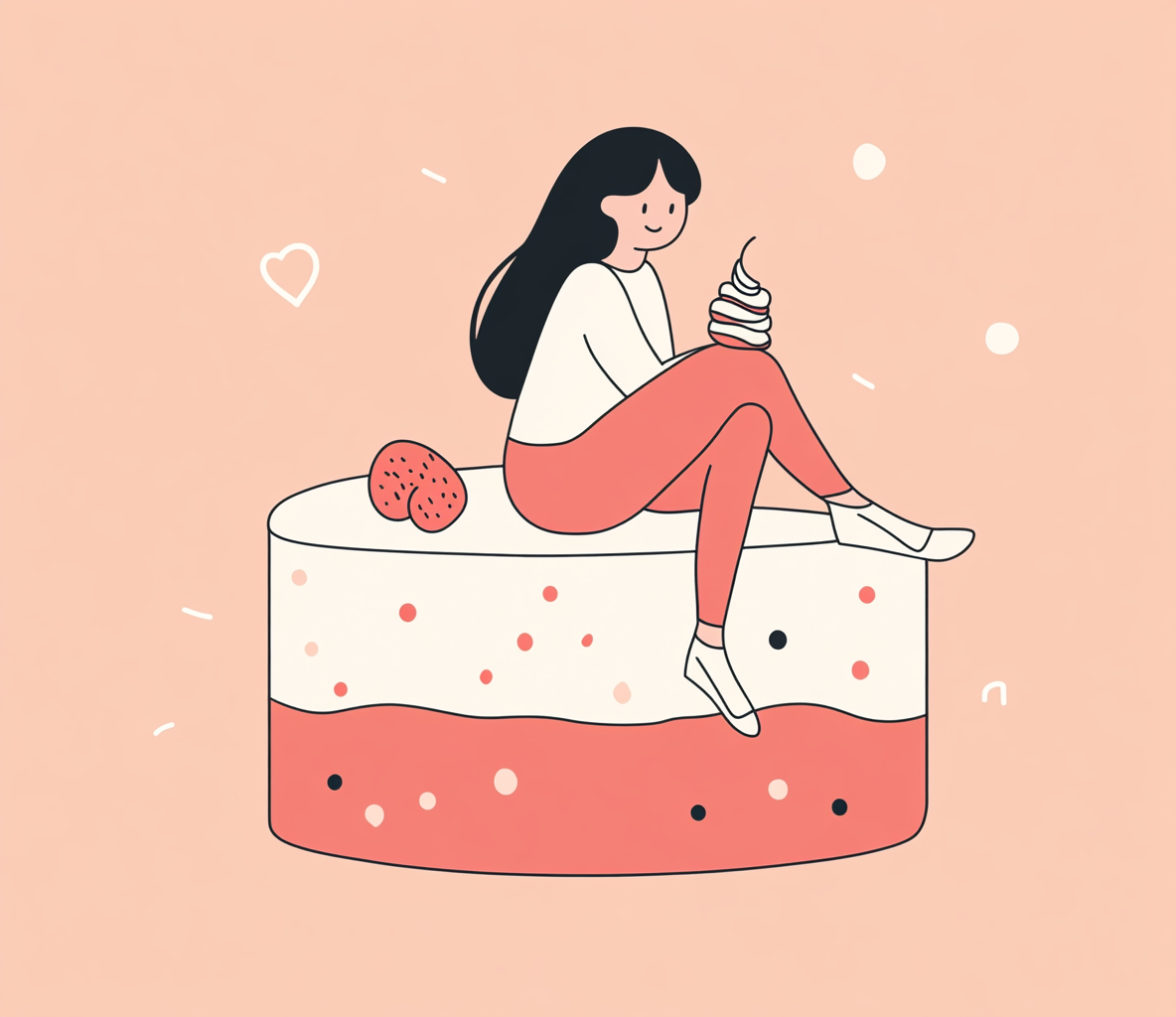 A girl sits on cake in red cartoon.