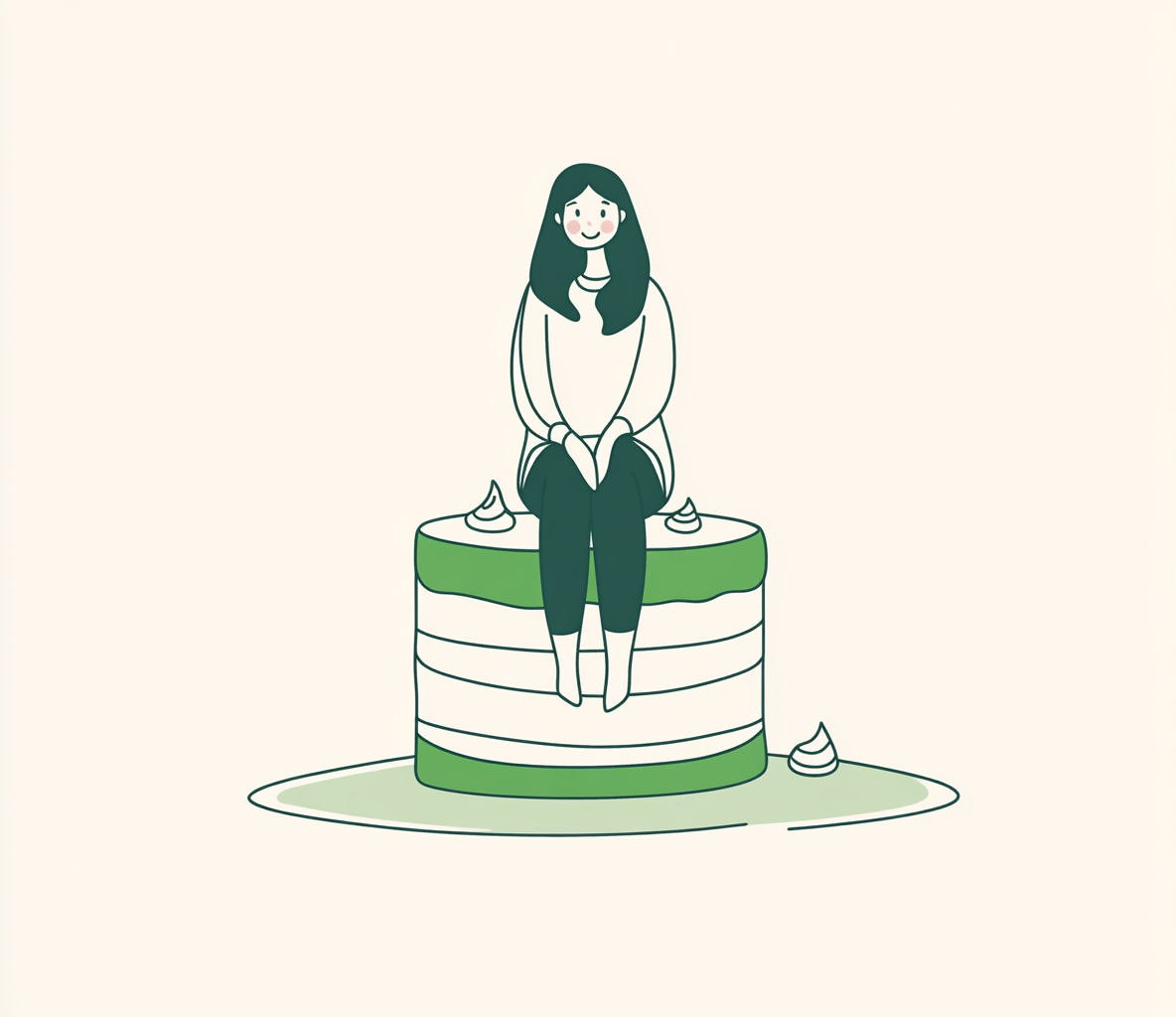 A girl sitting on a cake drawing.