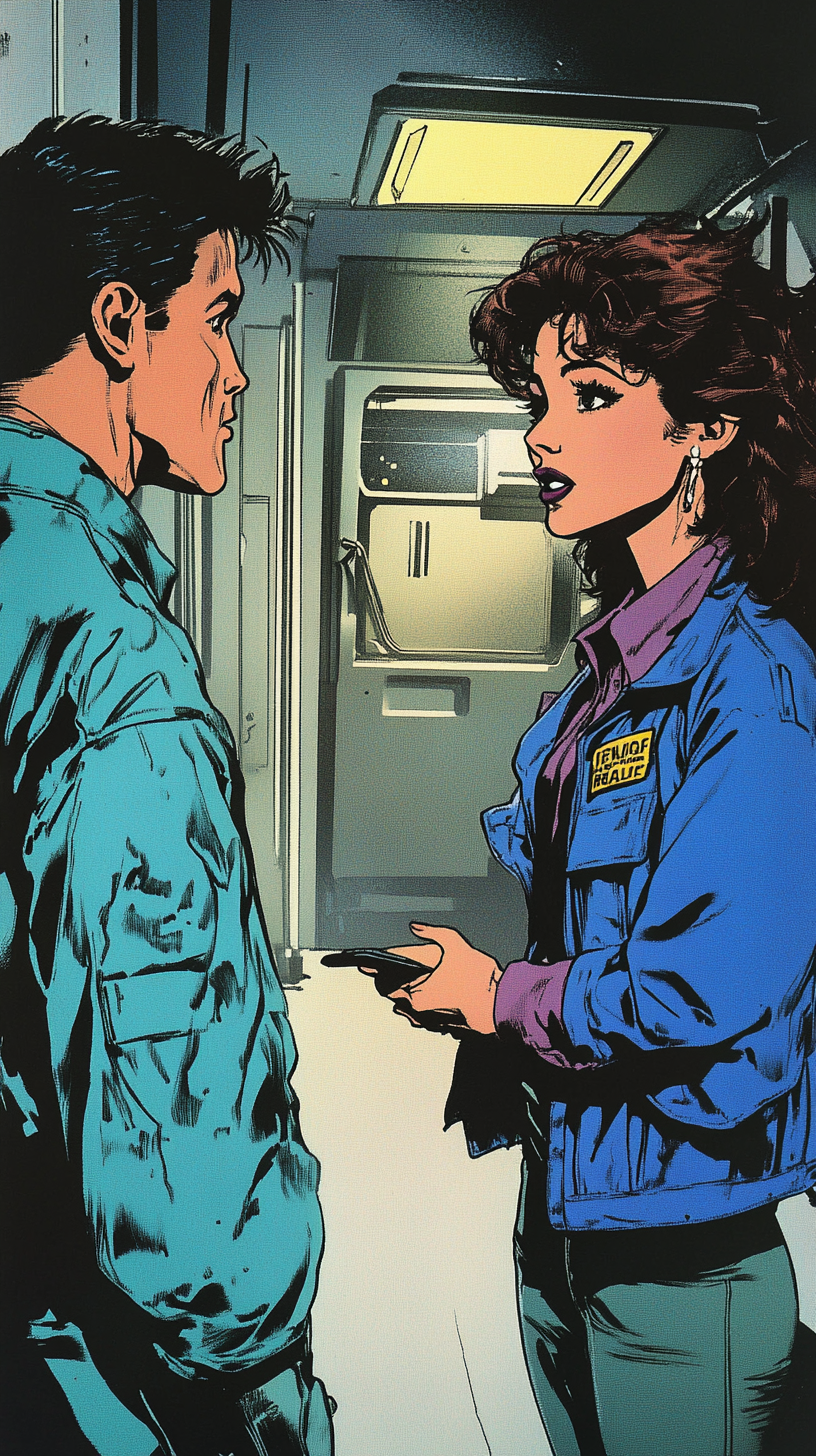 A girl talks to man in spaceship corridor.