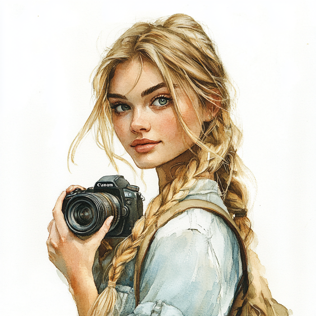 A girl with camera in watercolor illustration