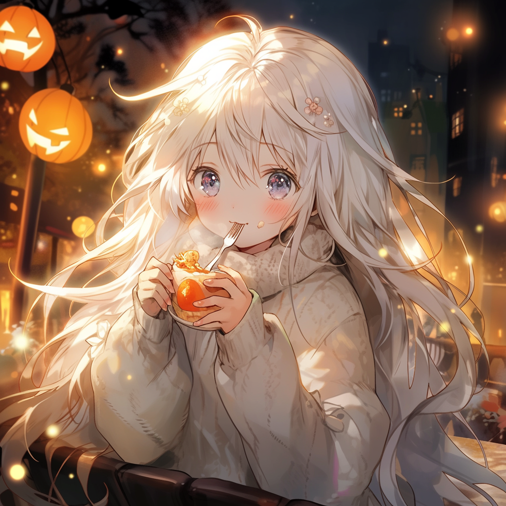 A girl with white hair eats Halloween pudding, 5.