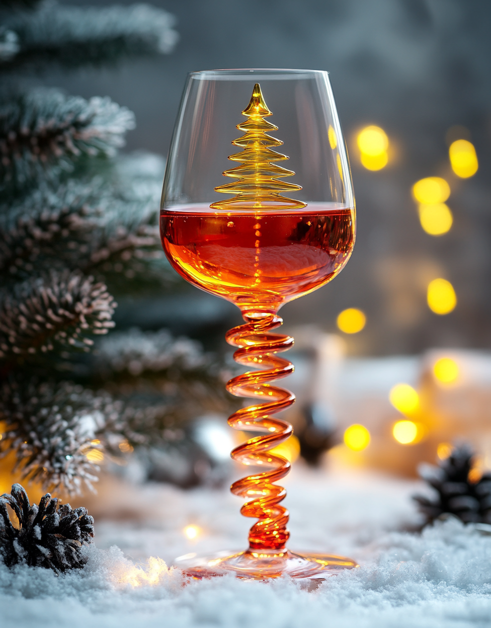 A glass of red wine with Christmas tree stem