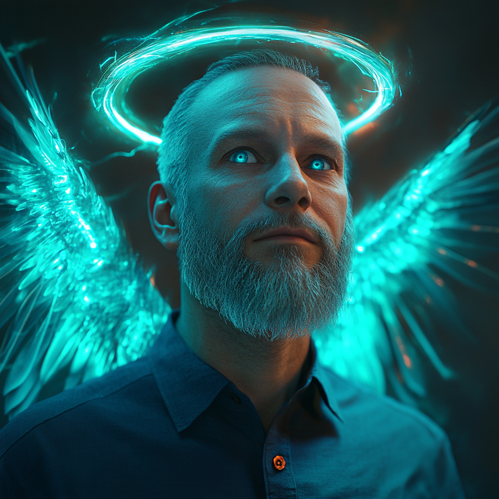 A glowing man with cyan wings and halo