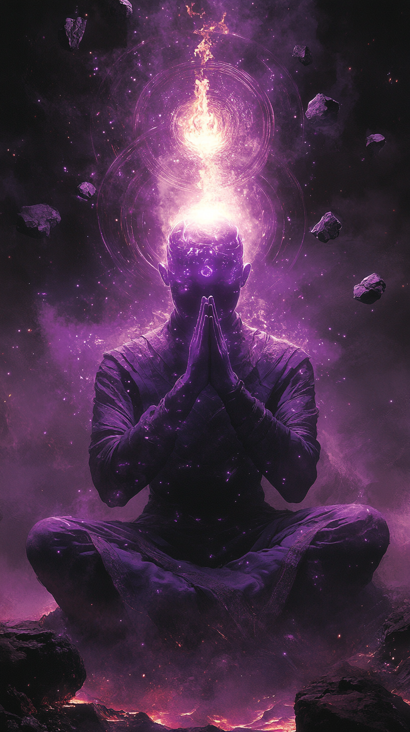 A glowing purple figure in prayerful pose.