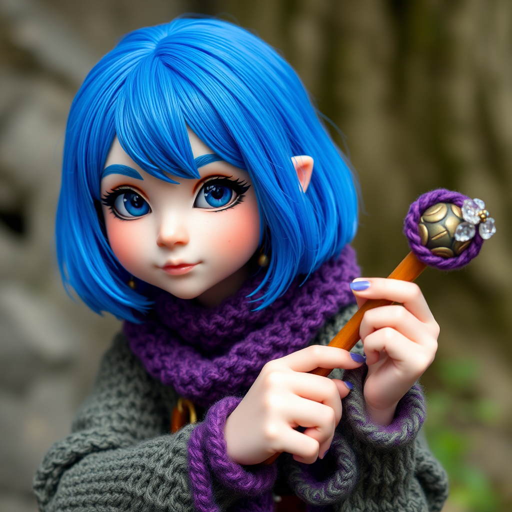 A gnome wizard with blue hair and a crochet wand.