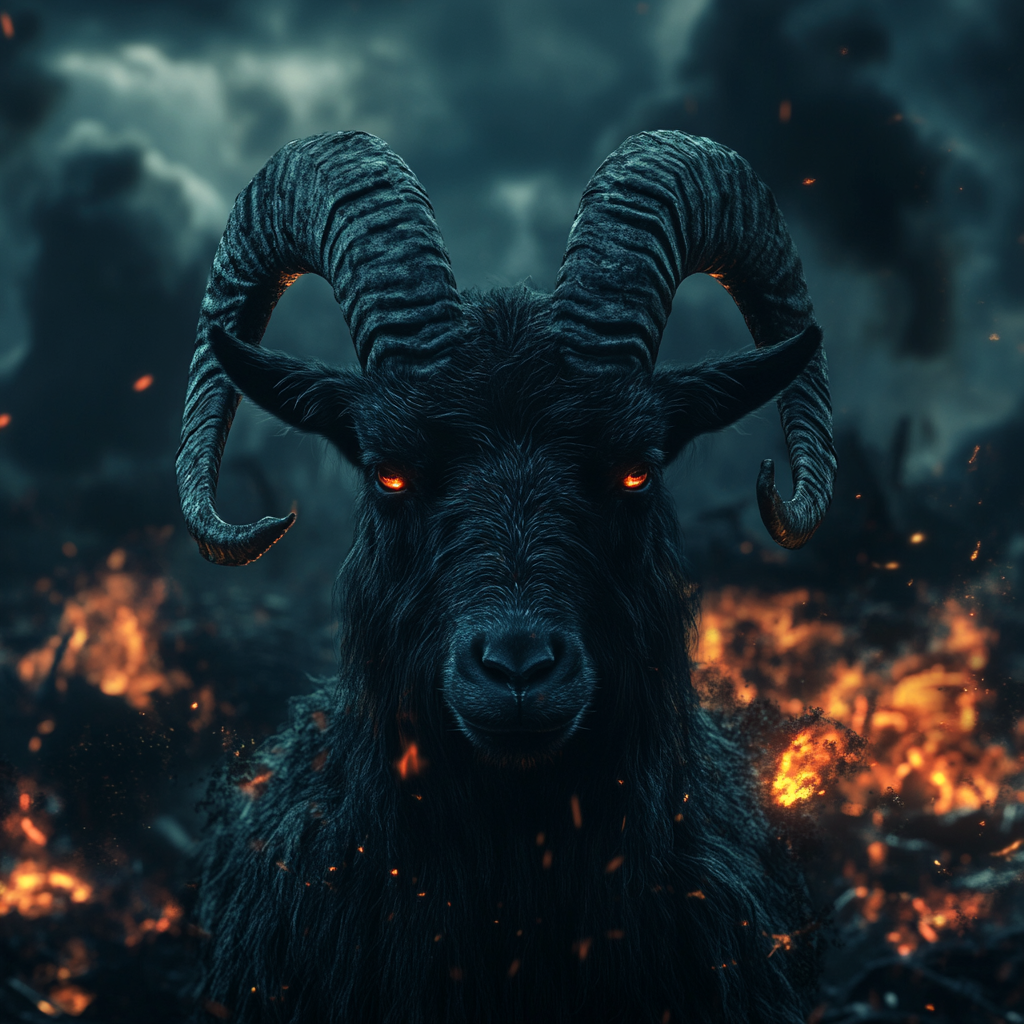 A goat stares in apocalypse, gods, demons, burning world.