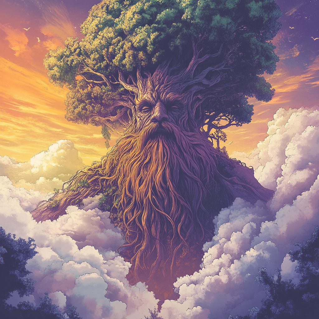 A god-like ent overlooks mystical forest from clouds