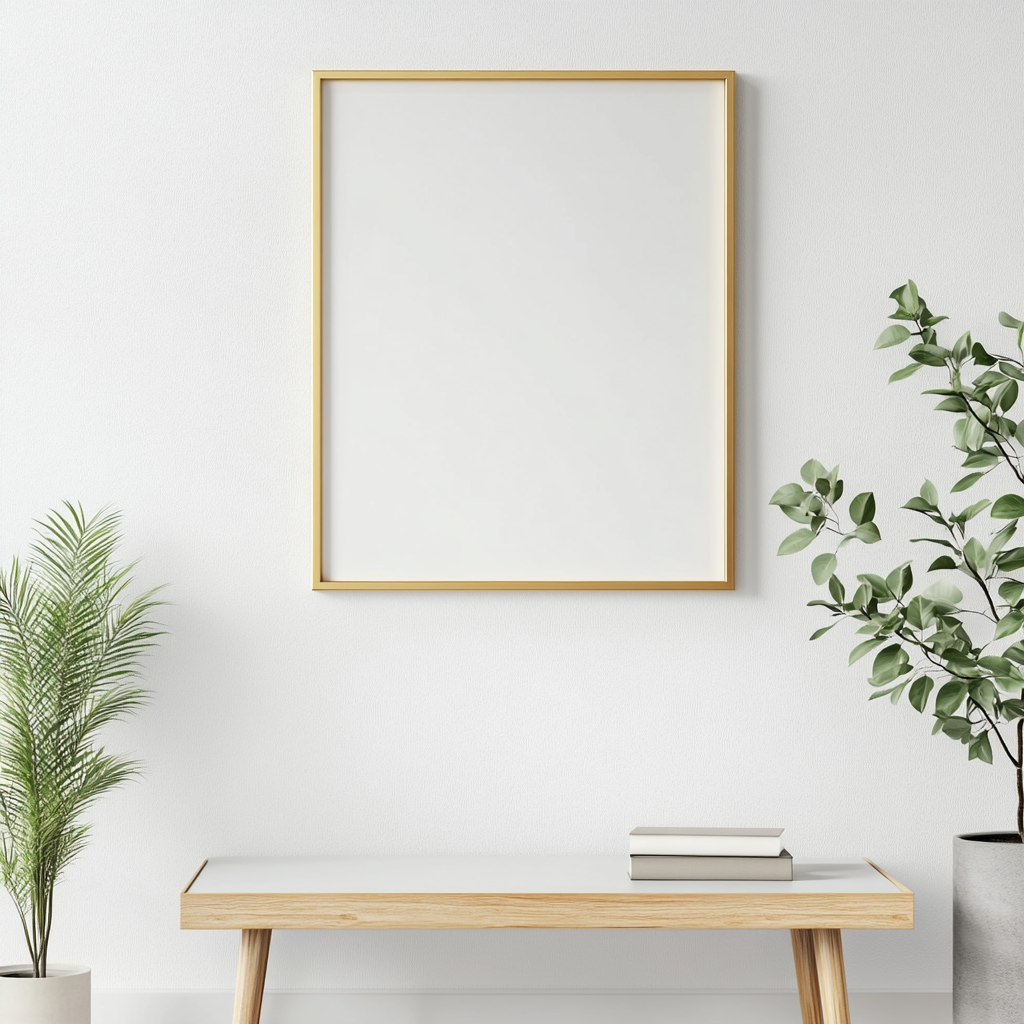 A gold frame on white wall awaits photo