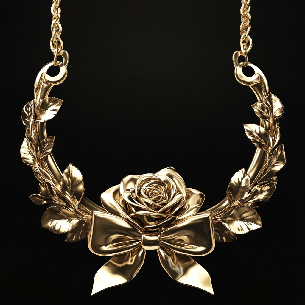 A gold rose necklace on black background.